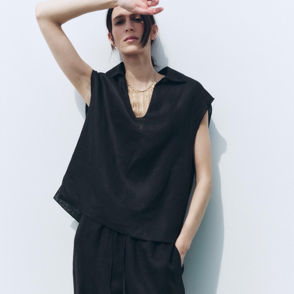 ZARA LINEN COLLARED SLEEVELESS V NECK TOP Black S